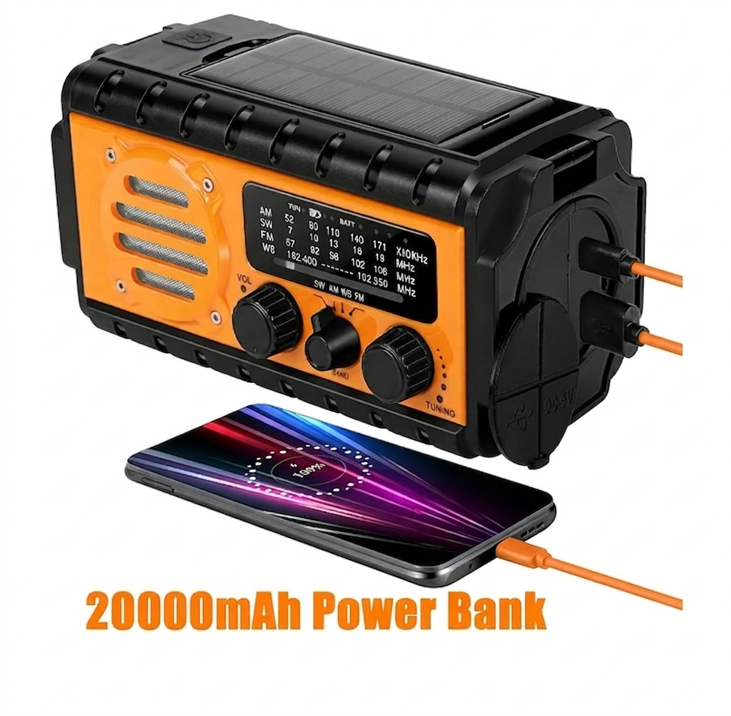 20 000 mAh nødradio med solcellepanel
