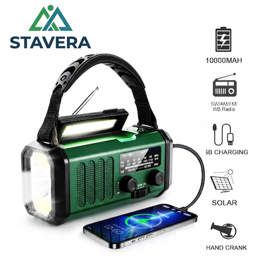 Nødradio med solcellepanel og håndsveiv – 10000 mAh Powerbank