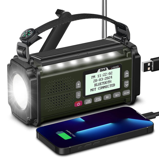 DAB+-radioer FM Bluetooth-høyttaler 10000 mAh Powerbank Nødradio Bærbar Solcelle-radio Håndsveiv USB-C-lading LED