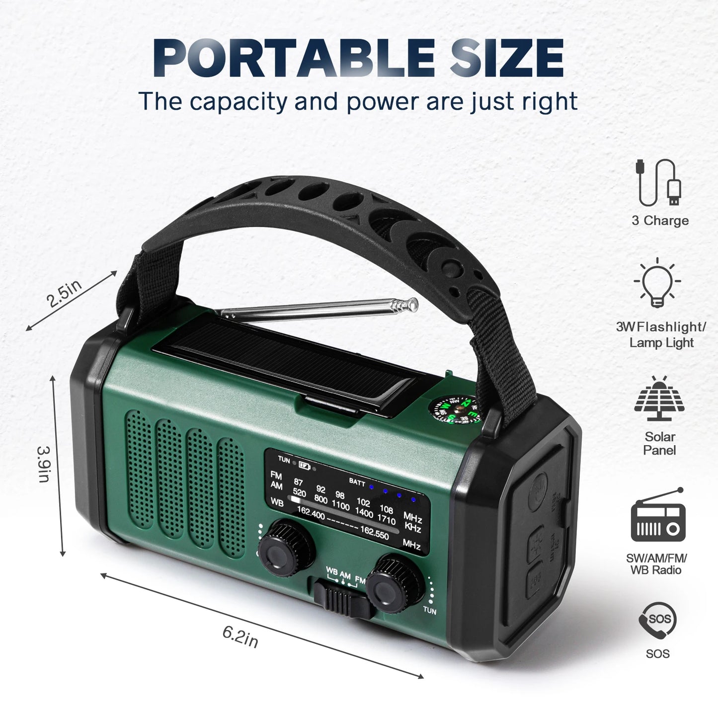 Nødradio med solcellepanel og håndsveiv – 10000 mAh Powerbank