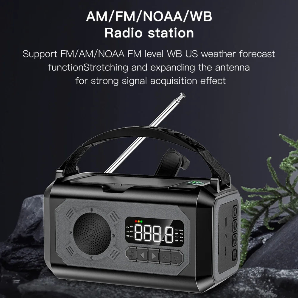 12000 mAh nødradio med doble solcellepaneler og sveiv (AM/FM/NOAA)